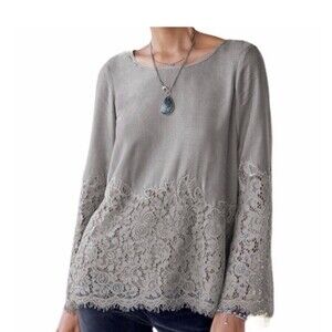 Sudance size Large velvet and lace tunic top with bell sleeves soft gray Cascade